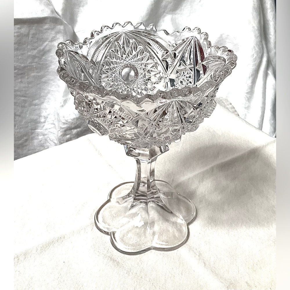 Vintage Brilliant Cut Hobstar Pressed Glass Crystal Compote with Scalloped Base
